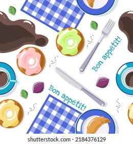 Table setting for breakfast five o`clock seamless pattern