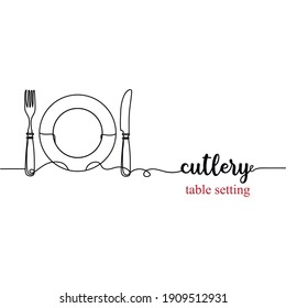 Table setting concept. Continuous one line drawing silhouette of a cutlery. Vector illustration isolated on the white background.