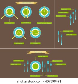 Table setting cutlery infographic. Vector top View Isolated on brown background. Proper arrangement of plates, forks, spoons and knifes.