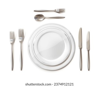 Table setting. Dinner table with cutlery, forks, knife and spoon with white plates. 3d realistic vector illustration.