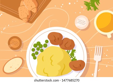 Table setting. Dinner, potatoes with meat balls, green peas, salt and pepper, parsley, croissants and juice Vector. Cartoon. Isolated art Flat