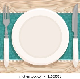 Table setting for dinner. Vector illustration with a plate, knife, fork, tablecloth on wooden table. Top view. 