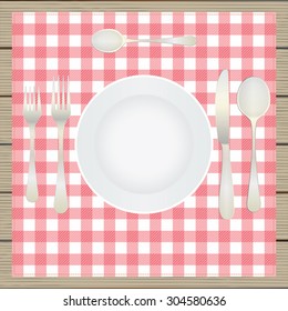Table setting, etiquette. Top view. Elements for design: plate, fork, spoon, knife, table-napkin, wooden table.