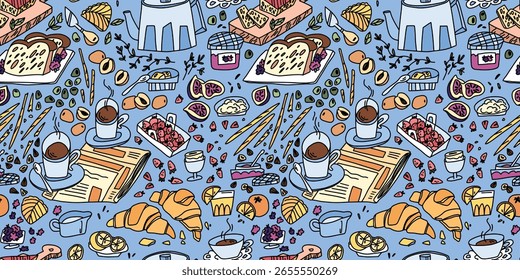 Table setting for french breakfast with coffee croissants and toast on blue background, doodle style