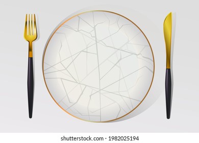 tenedor de mesa de oro y cuchillo con mango negro y placa de porcelana 