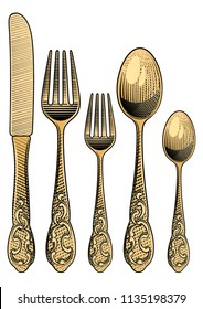  Configuración de tabla. Cucharas doradas retro, tenedores y una cuchilla de mesa.Dibujo estilizado de estilo vintage del juego de cubiertos. Ilustración del vector