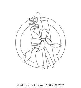 Table setting for holiday dinner - one line drawing. Vector illustration continuous line drawing.Christmas table setting.