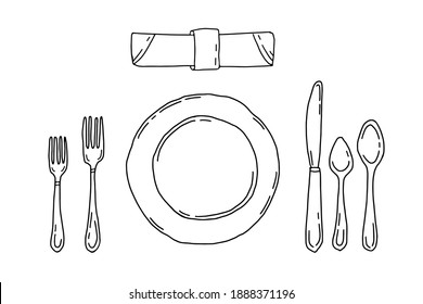 Table setting isolated white background  Serving in doodle style and plate  forks  spoons  knife   napkin  Dinner etiquette 