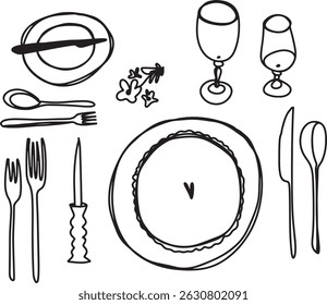 Table setting linear drawing. Dishes