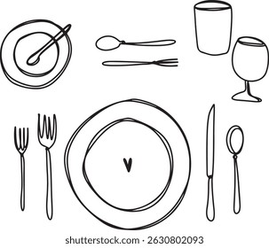 Table setting linear drawing. Dishes