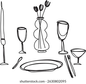 Table setting linear drawing. Dishes
