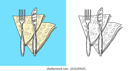 Table setting. Napkin, fork and knife. Food tools. Hand drawn sketch in vintage doodle style.