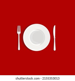 Table setting on red background, top view. Plate, knife and forkon on the red cloth. Vector illustration in flat style.Dinner flat graphic, food sign with plate, fork and knife - vector eps10