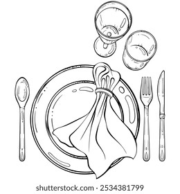 Mesa, tenedor, cuchara, cuchillo, vidrios vista superior. Decorar un plato con servilleta. Ilustración vectorial en estilo doodle de boceto dibujado a mano. Arte de línea aislado en blanco para colorear libro, impresión