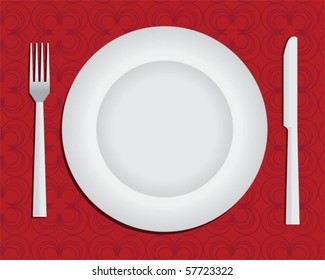 Table setting, plate, knife and fork on red