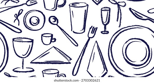 Tabela definindo padrão contínuo. Placa de comida, garfo, colher e faca. Impressão desenhada à mão de giz de cera. Talheres de textura e copos, copos. O papel de parede do vetor se repete no plano de fundo transparente. Desenho de rabiscar