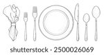 Table setting set. Fork, Knife, Spoon, plate sketch set. Cutlery hand drawing collection. Catering engraved vector illustration.  Dinner etiquette.