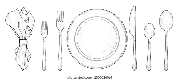 Table setting set. Fork, Knife, Spoon, plate sketch set. Cutlery hand drawing collection. Catering engraved vector illustration.  Dinner etiquette.