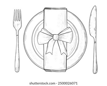 Conjunto de configuración de tabla. Tenedor, cuchillo, cuchara, set de croquis. Cubiertos de colección de dibujo a mano. Ilustración vectorial grabada de catering.  Etiqueta de la cena.