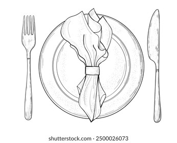 Table setting set. Fork, Knife, Spoon, plate sketch set. Cutlery hand drawing collection. Catering engraved vector illustration.  Dinner etiquette.