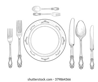 Table Setting Set. Fork, Knife, Spoon, Plate Sketch Set. Cutlery Hand Drawing Collection. Catering Engraved Vector Illustration. Restaurant Service.  Banquet  Still Life