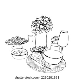 Table setting set. Weekend breakfast or dinner. Food, drink and flowers