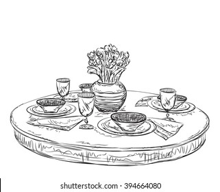 Table Setting Set. Weekend Breakfast Or Dinner. Hand Drawn Dishes Sketch