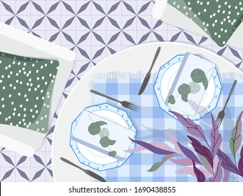 Table Setting Top Down View. Beautiful Restaurant Table Flat Lay. Romantic Table Setting Decor. Modern Plates, Table Cloth, Fabric Napkins And Eucalyptus Branches. Breakfast In A Cozy Romantic Cafe.