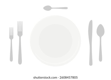 Table setting top view of a dinner plate with full set of knives and forks in vector