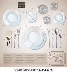 Table setting top view infographics with information about dishware and cutlery on beige background vector illustration 