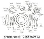 Table setting, top view. Vector illustrations such as plates, forks, spoons, knives, wine glasses with original custom fonts. dark lines on a white background. Use in the restaurant business.