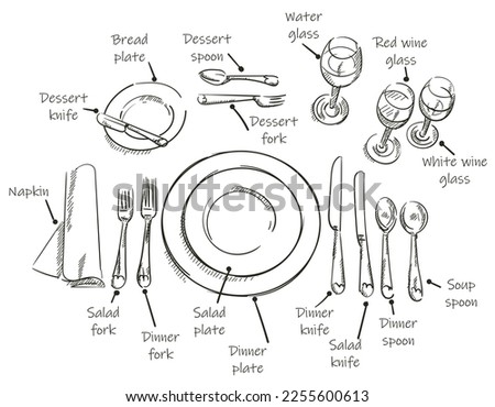 Table setting, top view. Vector illustrations such as plates, forks, spoons, knives, wine glasses with original custom fonts. dark lines on a white background. Use in the restaurant business.