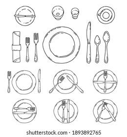 Table settings isolated white background  Serving in doodle style and plate  forks  spoons  knife   napkin  Table etiquette  Position fork   knife plate 