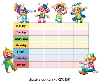 Tabla de siete días de la semana con feliz ilustración de payasos