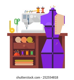 Table and sewing mannequin, sewing machine, fabric and needles. Vector flat illustration.