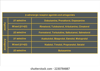 Table showing classification of β adrenergic receptor agonists and atagonists drugs with examples. Dark background neon orange text.