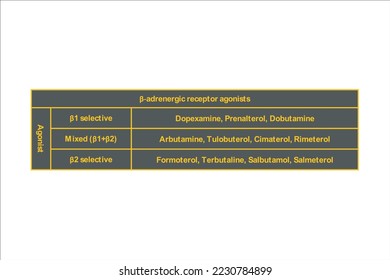 Tabla que muestra la clasificación de β fármacos agonistas de receptores adrenérgicos con ejemplos. Fondo oscuro neón texto naranja.