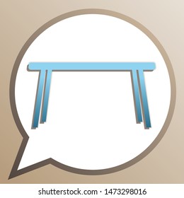 Table sign. Bright cerulean icon in white speech balloon at pale taupe background. Illustration.