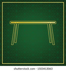 Table sign. Golden icon with gold contour at dark green gridded white background. Illustration.