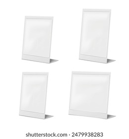 Table sign holder. L-shaped clear plastic pocket with metal back frame. Realistic 3d vector mock-up set. QR code, menu plexi display stand. Mockup. Template for design