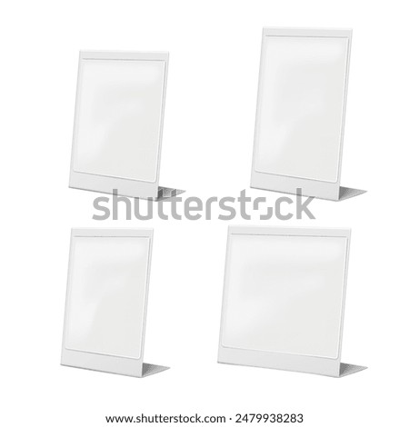 Table sign holder. L-shaped clear plastic pocket with metal back frame. Realistic 3d vector mock-up set. QR code, menu plexi display stand. Mockup. Template for design
