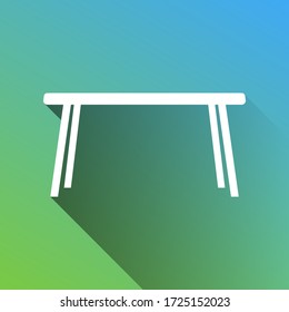 Table sign. White Icon with gray dropped limitless shadow on green to blue background. Illustration.