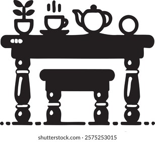 Table silhouette with kettle and cup