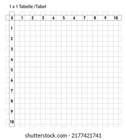 Table with small 1 x 1 test worksheet for school children,
Vector illustration isolated on white background
