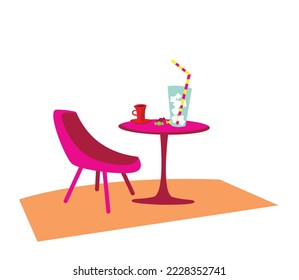 A table in a small cafe. cocktail, coffee, sweets. Vector image for prints, poster and illustrations.