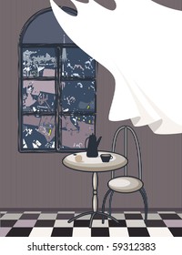 the table in a small cafe with view on a night town