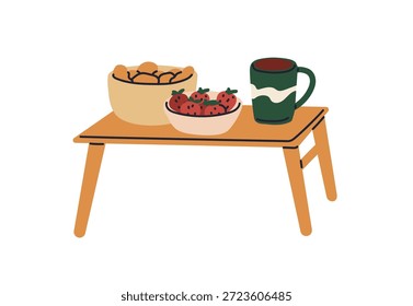 Tisch mit Snacks und Getränken. Kaffeebecher, Erdbeeren und Gebäck in Schüsseln. Teetasse, Beeren, Komfort-Essen auf Holzbank serviert. Flache Vektorgrafik einzeln auf weißem Hintergrund