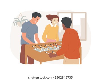 Fútbol de mesa divertido aislado Ilustraciones vectoriales de dibujos animados. Grupo de personas diversas juegan al fútbol de mesa en una oficina inteligente, diversión con colegas, lugar de trabajo moderno, dibujos animados de Vector de descanso de trabajo.