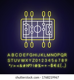 Table soccer neon light icon. Outer glowing effect. Traditional friendly party recreational activity sign with alphabet, numbers and symbols. Football table vector isolated RGB color illustration