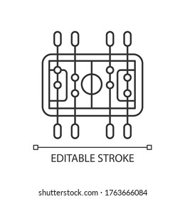 Table soccer pixel perfect linear icon. Traditional friendly party recreational activity thin line customizable illustration. Contour symbol. Vector isolated outline drawing. Editable stroke